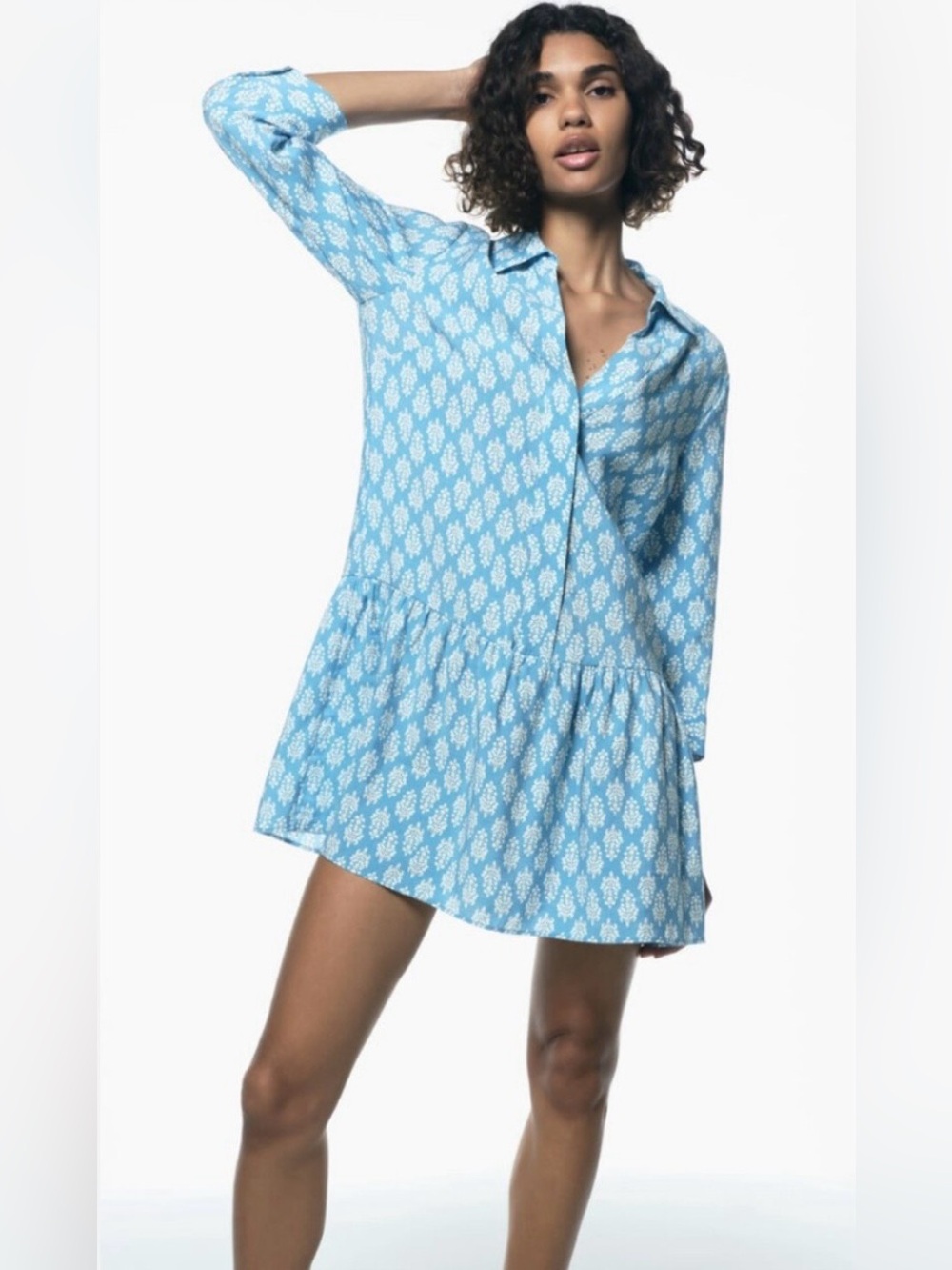 Zara Light Blue Printed Mini Shirt Dress size L /87%modal